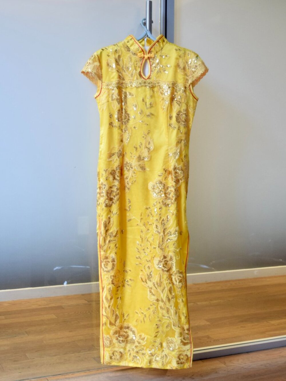 Yellow Mesh Flower Embroidered Qipao Maxi Dress - Chinese Cheongsam